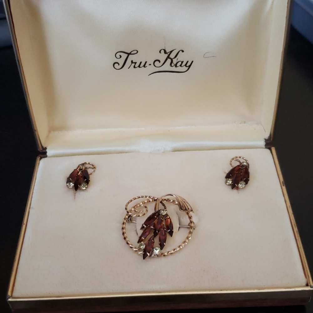 12K gold filled Smokey Citrine brooch and earrings